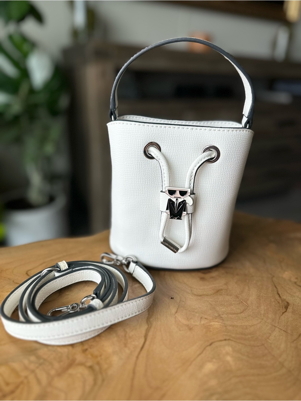 Karl Lagerfeld Paris Maybelle bucket bag in white with black trim